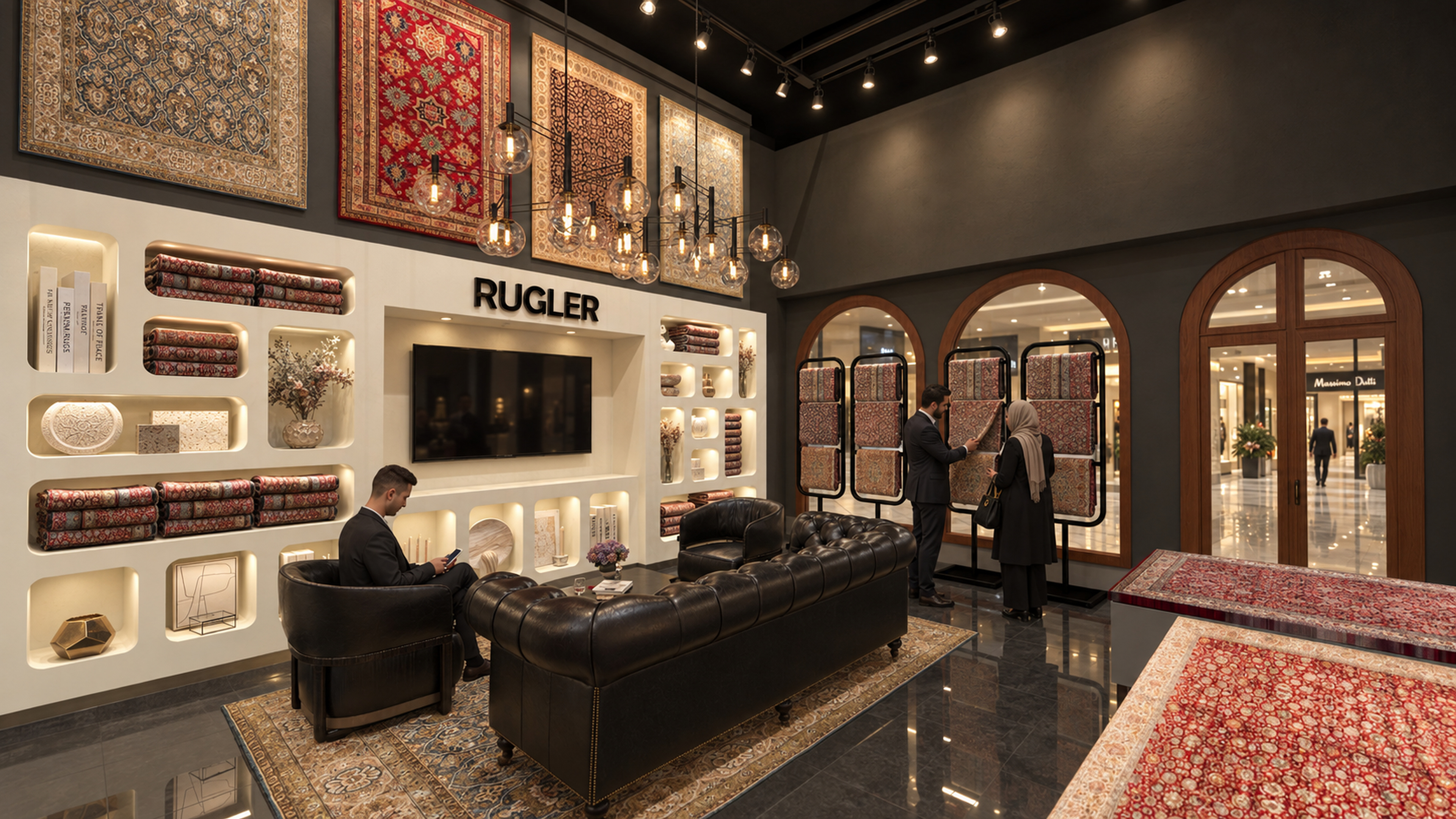 چیدمان نمایش فرش در فروشگاه فرش Rugler | مهراز نگار