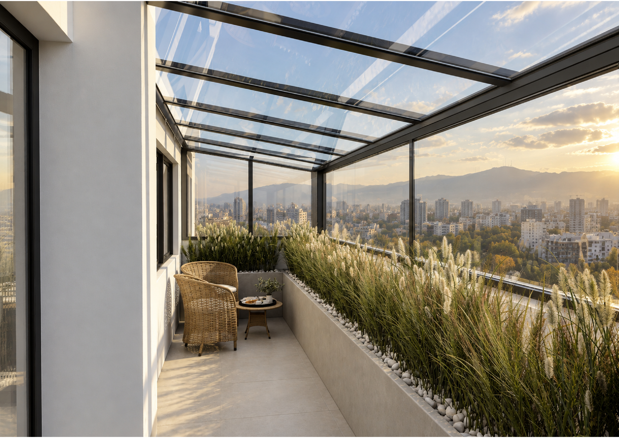طراحی تراس شیشه‌ای دفتر در شهباز زاده | مهراز نگار